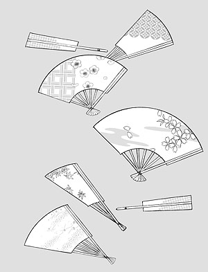 矢量植物素材 日本线描植物花卉矢量素材-42（日本扇子、樱花、梅花、古典背景图案）